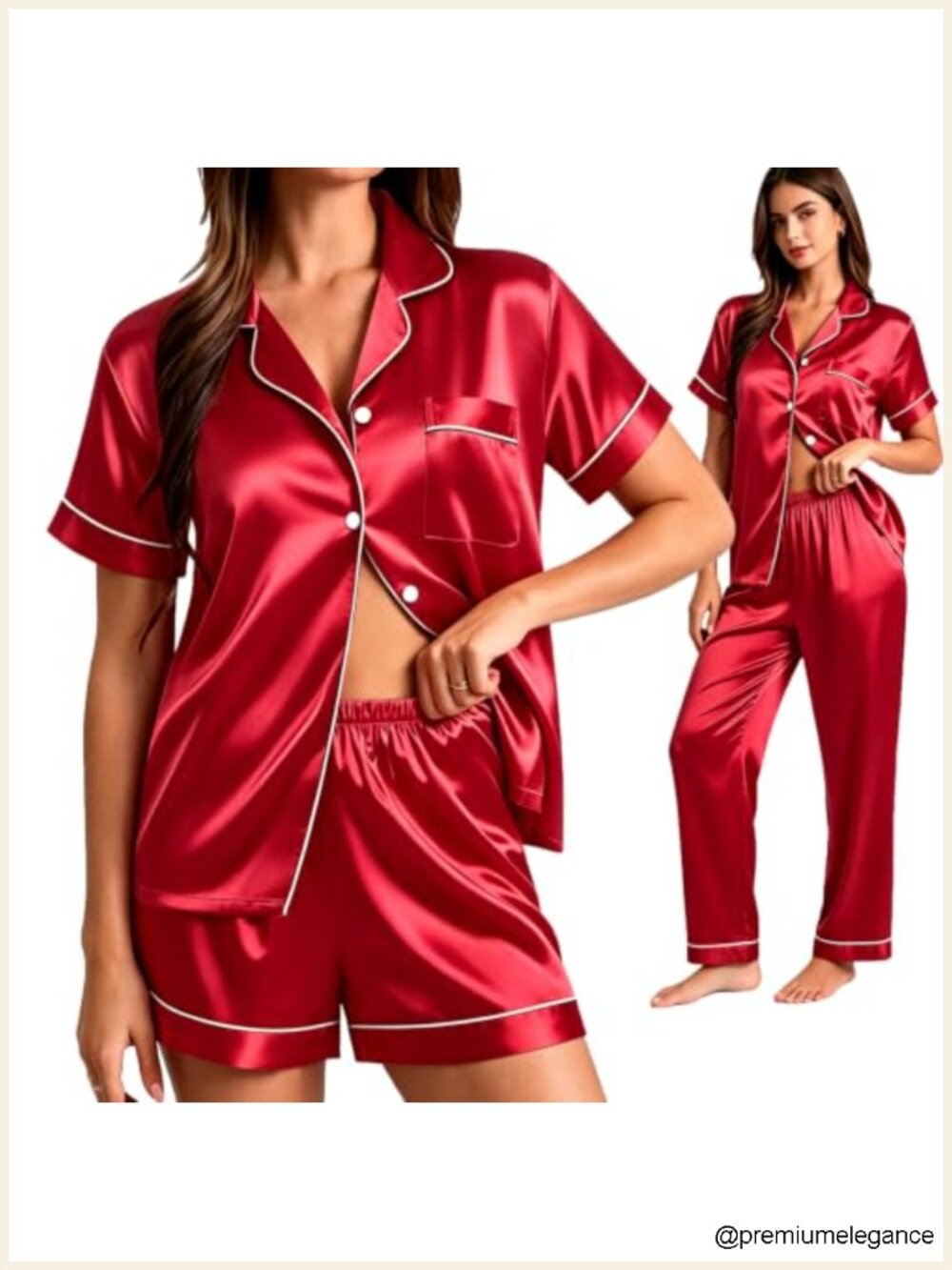 3-Piece Silk Satin Pajama Set - Button Down, Short Sleeve, Womens Sleepwear